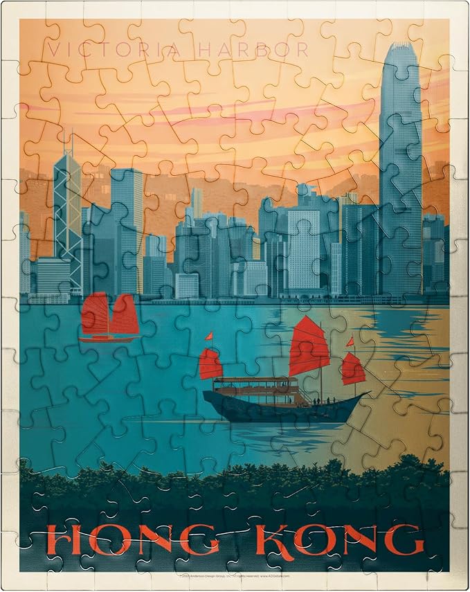 MyPuzzle China: Hong Kong, Victoria Harbor, Vintage Poster - Premium 100 Piece Jigsaw Puzzle for Adults