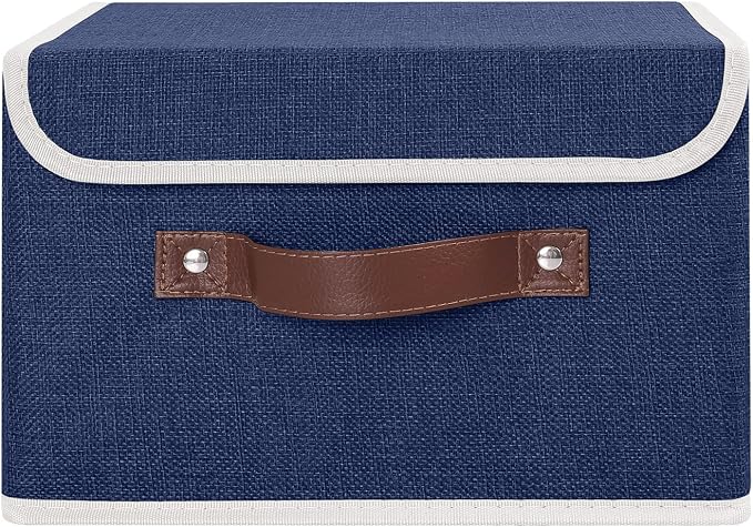 ANMINY Fabric Storage Box Bins with Lids, Blue, 10"x8"x7" | Keepsake Memory Storage, Cotton Linen, PP Board Reinforced, Washable, PU Handles, Foldable & Stackable, Decorative, Small