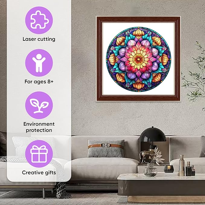 MEATRN Mandala Flowers Wooden Puzzles for Adults - 200 Pcs, 11.2x11.2 in, Fun Educational Wood Jigsaw Puzzle, Relaxing Wood Puzzle Game for Family & Friends Birthday Gift