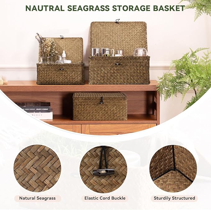Nonam Seagrass Storage Baskets with Lid Set of 3,Wicker Basket Storage Bin for Shelves,Rectangular,Boho Decor,Handwoven Shelf Basket for Organizing-Storage Container Box for Home Organization-Coffee