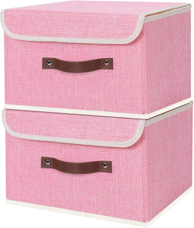 ANMINY Fabric Storage Box Bins with Lids, Pink, 13"x9"x7.9", 2 Pack | Keepsake Memory Storage, Cotton Linen, PP Board Reinforced, Washable, PU Handles, Foldable & Stackable, Decorative, Medium