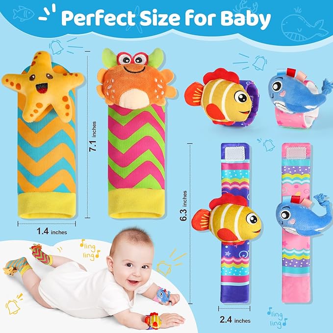 URMYWO Wrist Rattles for Baby - Rattle Socks - Foot Finder Set - Baby Toys for 0-12 Months Infant - Newborn Essentials - Early Learning Sensery Toys for Boys and Girls as Shower Gifts Valentines Gifts