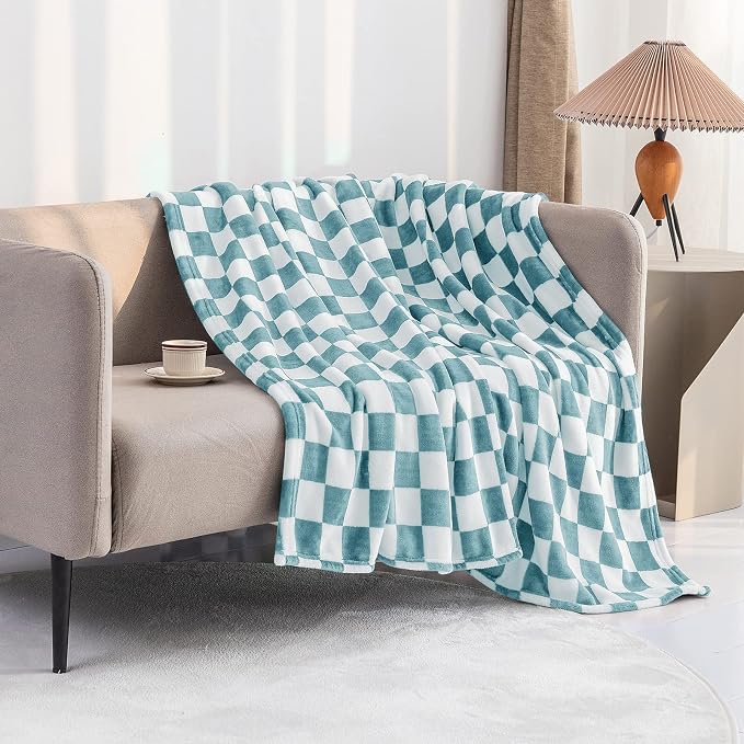 LOMAO Throw Blankets Flannel Blanket with Checkerboard Grid Pattern Soft Throw Blanket for Couch, Bed, Sofa Luxurious Warm and Cozy for All Seasons (Light Blue, 40"x60")