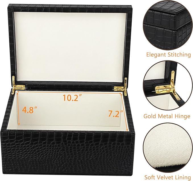 HofferRuffer Faux Leather Decorative Box, Large Wooden Structure Keepsake Box Accessory Organizer Jewelry Organizer with Hinged Lid, Storage Container for Home or Office (CrocoBlack)