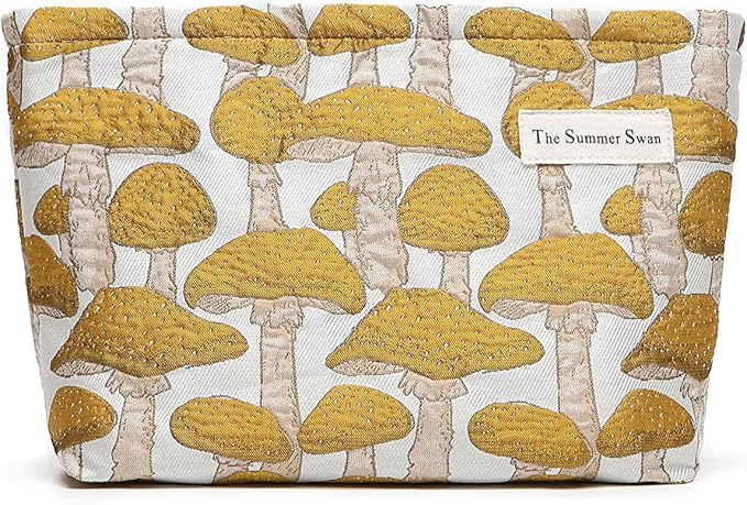 The Summer Swan | Floral Cosmetic Bag｜Large Aesthetic Travel Makeup and Personal Item Pouch For Purse | Skincare Bag (Mushroom Yellow)
