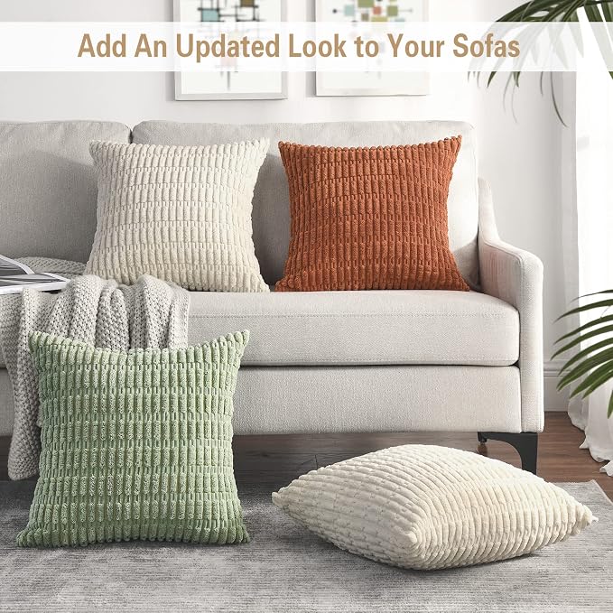 Volcanics Pack of 2 Cream Decorative Throw Pillow Covers 18x18 Inch, Soft Corduroy Striped Square Cushion Cases, Modern Farmhouse Boho Home Decor for Spring Couch Bed Sofa Living Room | Soft Corduroy Striped Square Cushion Cases, Modern Farmhouse Boho ...