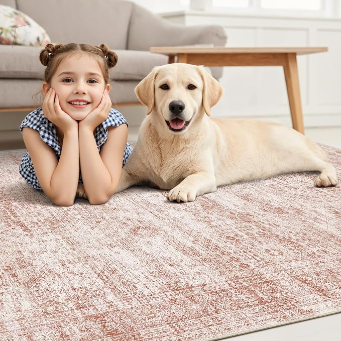 Soalmost Washable Area Rug 8x10 Large Soft Pink Rugs for Living Room | Vintage Non-Slip Carpet for Dining Bedroom, Stain Resistant Low Pile Foldable Lightweight Floor Mat Under Table Home Decor