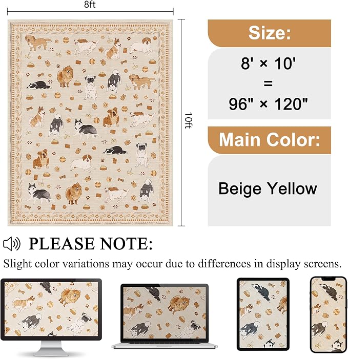 DUKINO 8x10 Area Rug, Washable Dog Rugs for Living Room Soft, Beige Yellow | Non Slip, Low Pile, Non-Shedding, Stain Resistant Animal Carpet for Bedroom Dining Room Nursery Farmhouse, Pet & Kid Friendly