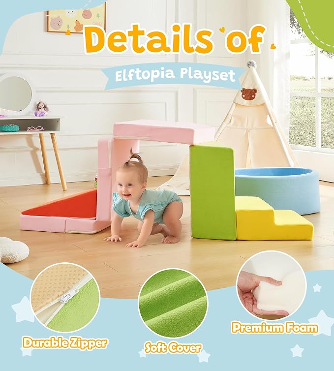 Elftopia Foam Climbing Blocks with Ball Pit & Stairs for Toddlers Aged 1-3 -Soft Playset for Indoor Crawling, Foam Playground Set for Baby to Active Playing Inside -(Balls NOT Included),Multicolored