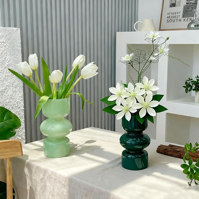 JSPYFITS Glass Hydroponic Flower Vase, 7 Inches Colored Bubble Vase for Flowers, Three-Layer Funky Vase for Home/Office/Weddings/Party Table Flowers Decor, Milky Green