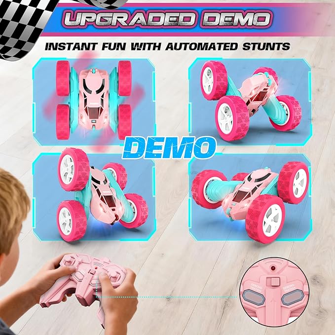 cosone RC Cars, Pink Remote Control Car for Girls, 2.4 GHZ Double Sided RC Stunt Car 360 Rotating Remote Control Cars with Headlights Toys for 6 7 8 9 10 11 12 Girls Birthday Gift