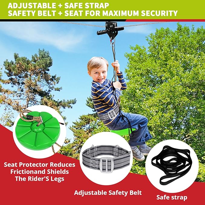 100 ft /120 ft /150 ft/180ft Zip Line Kit for Kids and Adult Up to 380 lb - Updated Removable Design Trolley and Thickened Seat, Rust Proof W/Safety Harness - Zipline Kits for Backyard