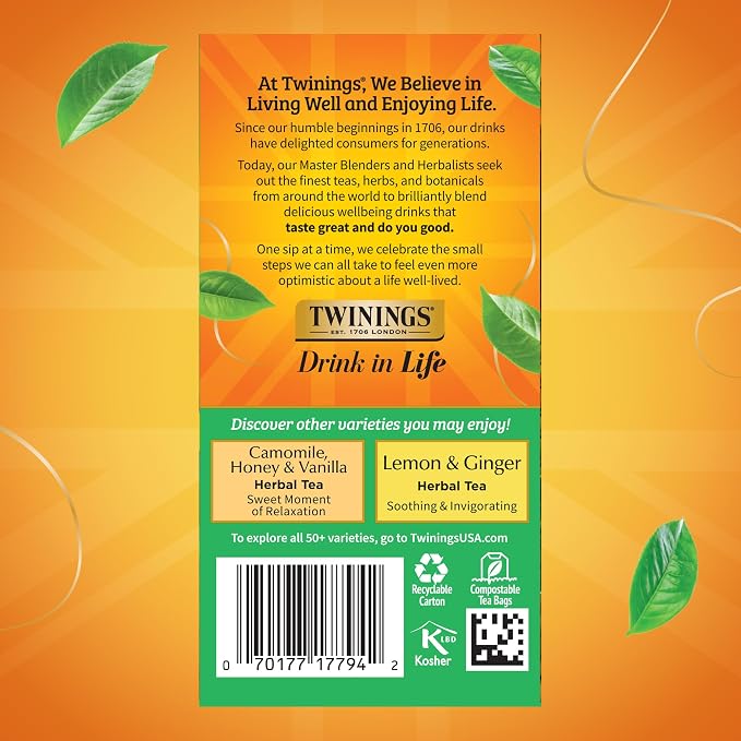 Twinings Decaffeinated Green Tea Individually Wrapped Bags, 20 Count (Pack of 6), Smooth Flavour, Enticing Aroma, Enjoy Hot or Iced, 120 Teabags