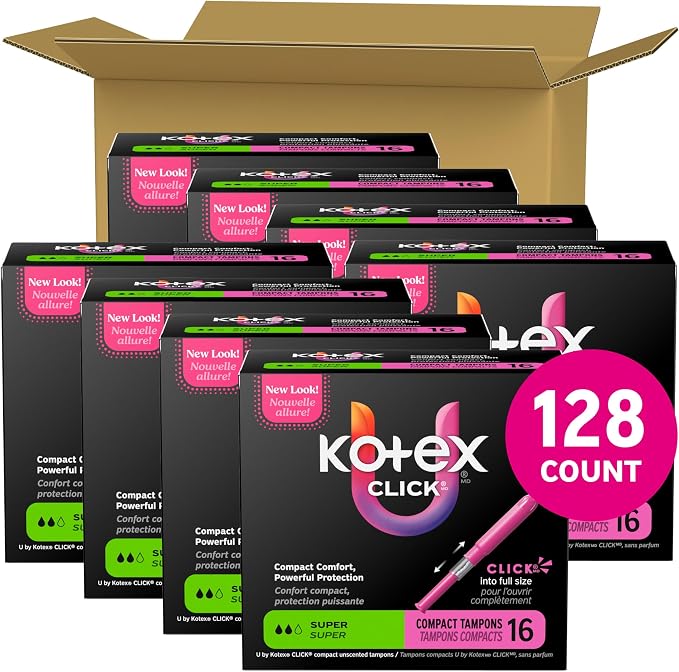 U by Kotex Click Compact Tampons, Super Absorbency, Unscented, 128 Count (8 Packs of 16) (Packaging May Vary)