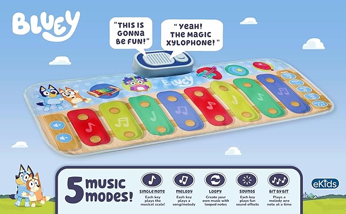 eKids Bluey Toy Piano Play Mat with Music and Sound Effects, Toddler Toy for Ages 3 and Up