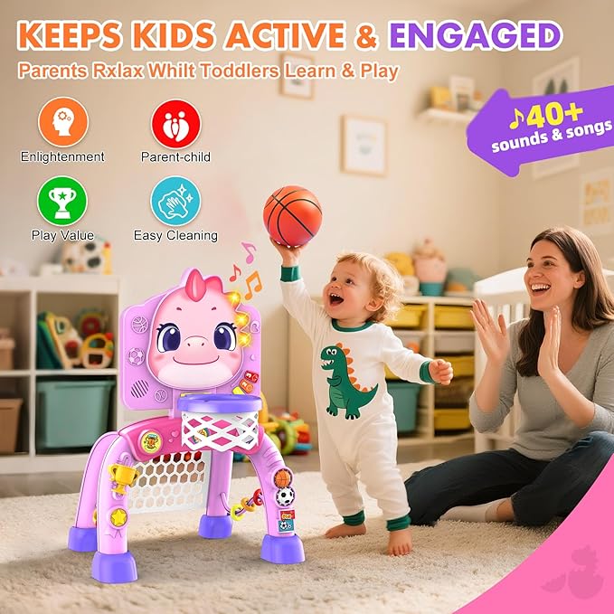 Nicmore Basketball Hoop Toys for Toddlers: Dinosaur Activity Center with Lights Music - Indoor Sports Skills Development - 6, 12, 18, 24+ Month Christmas Birthday Gift for Baby, Boys & Girls