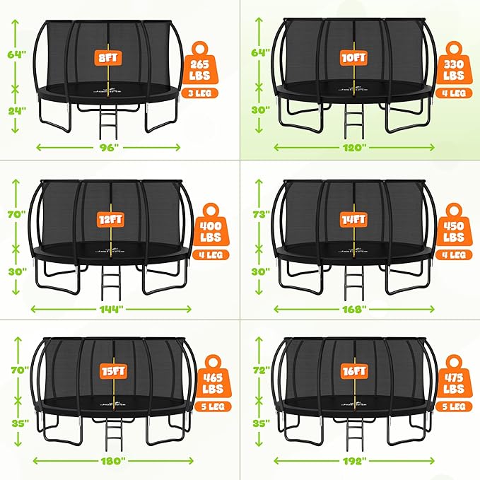 JELENS Trampoline 8FT 10FT 12FT 14FT 15FT 16FT, Recreational Trampolines with Enclosure Net, Outdoor Anti-Rust Trampolines for Kids and Adults, ASTM Approved