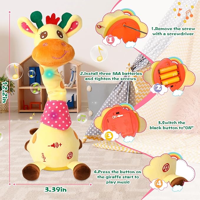 MIAODAM Dancing Talking Giraffe Stuffed, Singing 10 Children's Song, Stuffed Baby Toy Repeats What You Say, Colorful Glowing Giraffe Plush Interactive Toys for Baby 1-3 Year
