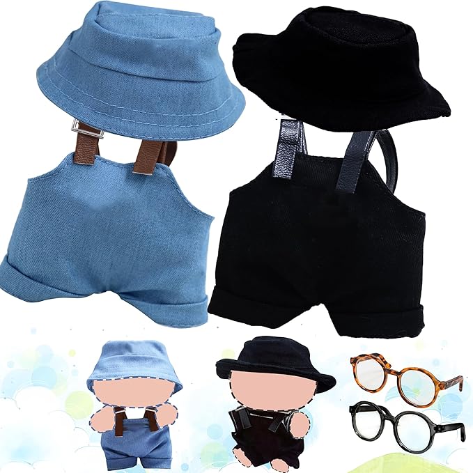 Clothes Set for Doll, 17cm Hat & Overalls Set Dolls Clothes Accessories Suit, Stylish Clothes for Dress up Unique Style (NO Doll) (Blue+Black, 2-Pack)