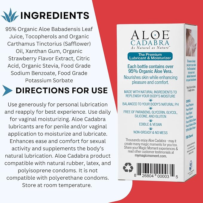 Aloe Cadabra Flavored Personal Lubricant & Vaginal Moisturizer, NSF Certified Organic Edible Aloe Lube for Men, Women & Couples, Non-Staining, pH Balanced, Toy Compatible (Strawberry, 2.5oz, 5 Pack)