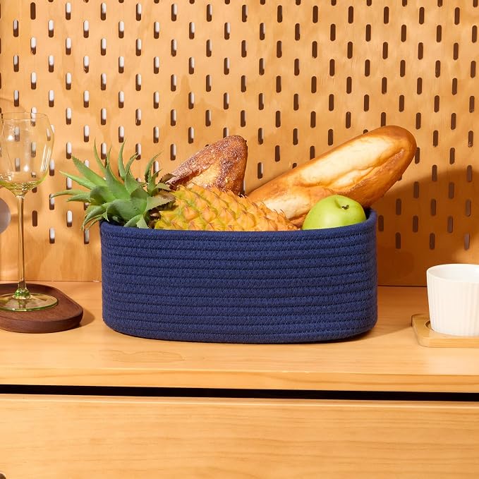 MiniArk Small Storage Baskets for Organizing | Closet Organizer Bins | Shelf Toy Basket | Woven Rope Baskets | Cube Decorative Box | Shallow Basket | 11.5x7.5x4.7” | 3 Packs Navy Blue