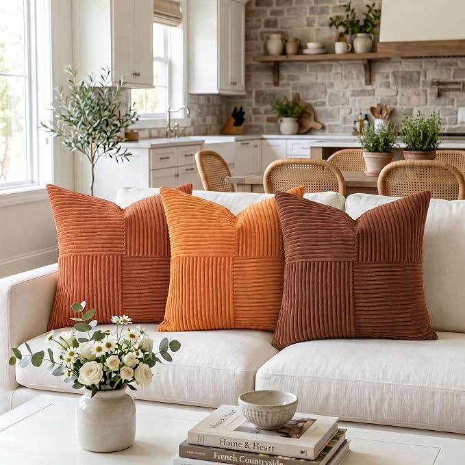 Fancy Homi 2 Packs Orange Fall Decorative Throw Pillow Covers 16x16 Inch for Living Room Couch Bed Sofa, Farmhouse Boho Home Decor, Soft Corss Patchwork Corduroy Textured Square Cushion Case 40x40 cm