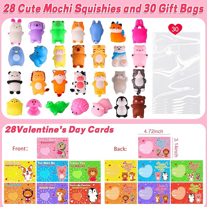 28 Pack Valentines Day Gifts for Kids Classroom Cute Mochi Squishies with Valentines Day Cards for Kids School, Valentines for Kids Class Exchange Cards Gifts Prizes Party Favors for Boys Girls