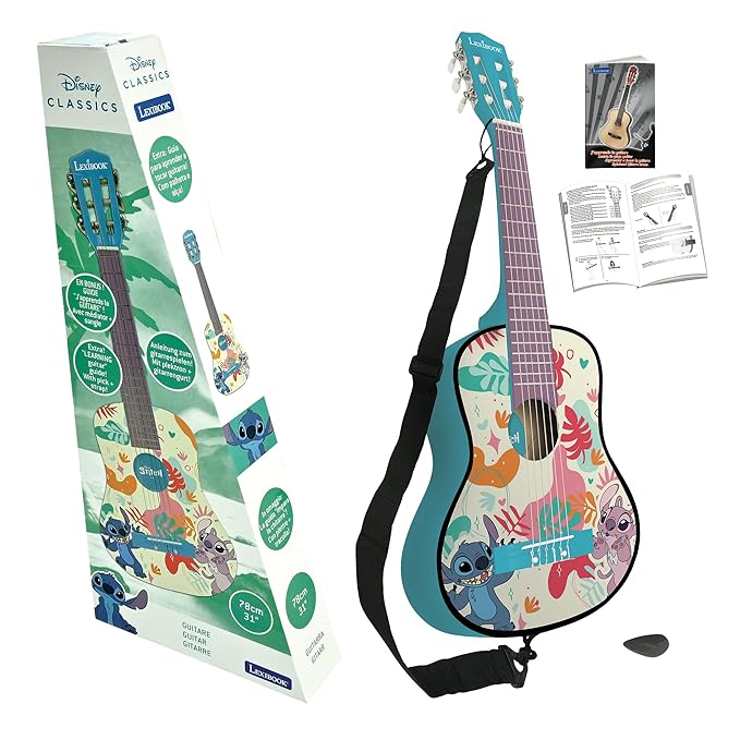 Lexibook, Disney Stitch, My First Wooden Acoustic Guitar, 6 Nylon Strings, 78 cm (30"), Learning Guide, Pick and Strap Included, Blue, K2000D