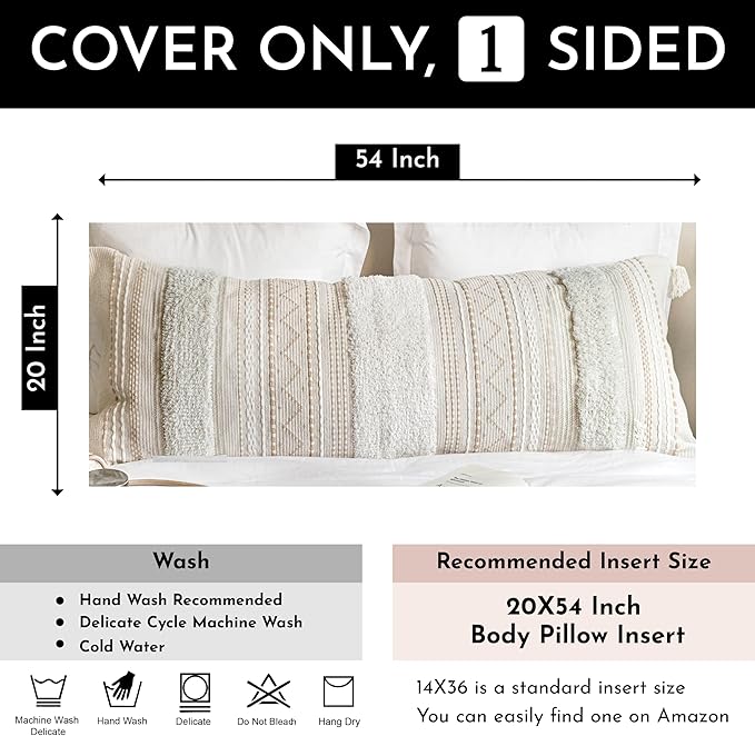 20X54 Oversized Large Lumbar Pillow Cover for Bed, Rectangular Long Decorative Throw Pillowcase, Cotton Boho Accent Cushion with Tufted Pattern and Tassels, Cream Beige Neutral (Cover Only)