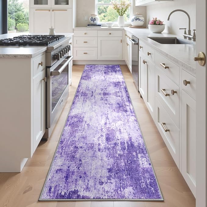 RELEANY Washable Runner 2'x6' Abstract Area Rug for Hallway Purple | carpet for kitchen, entryway, bathroom, living room, bedroom, printed pattern, non-slip, soft, stain-resistant, easy to clean