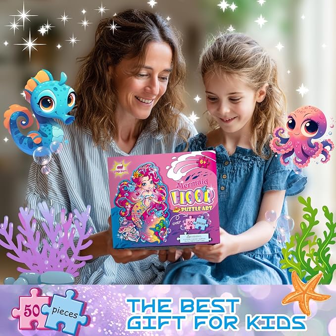 Jumbo Mermaid Floor Puzzle for Kids Ages 6-8 Year Old, Large Toddler Puzzle for Girls Ages 6 7 8 Year Old, Mermaid Girl Gift and Educational Toy for Birthday and Christmas
