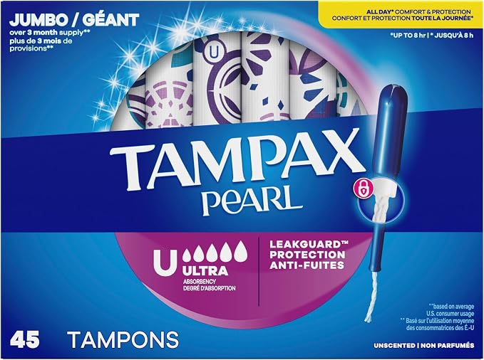 Tampax Pearl Tampons for Women, with LeakGuard Braid, Ultra Absorbency, Unscented, 45 Count (Pack of 6)