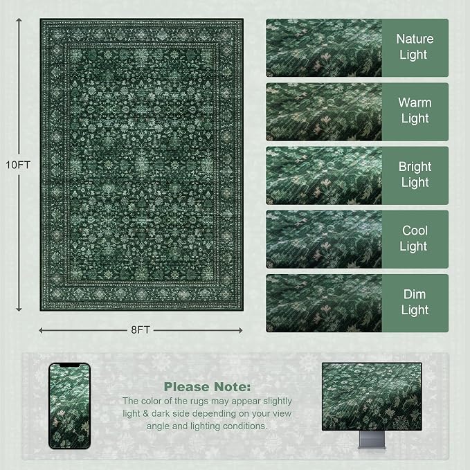 8x10 Area Rugs for Living Room: Washable Rug Soft Vintage Distressed Floral Carpet Indoor Non-Slip Stain Resistant Large Carpets for Bedroom Dining Room Farmhouse Nursery Home Office Deep Green