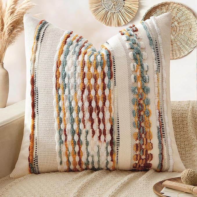 ANRODUO Boho Decorative Throw Pillow Covers Brown Stripe 18x18 Pack of 1 | Throw Pillow Covers, Farmhouse Cushion Case, Chenille Pillow Cases, Pillow Covers, Accent Neutral Pillowcase for Couch Bed