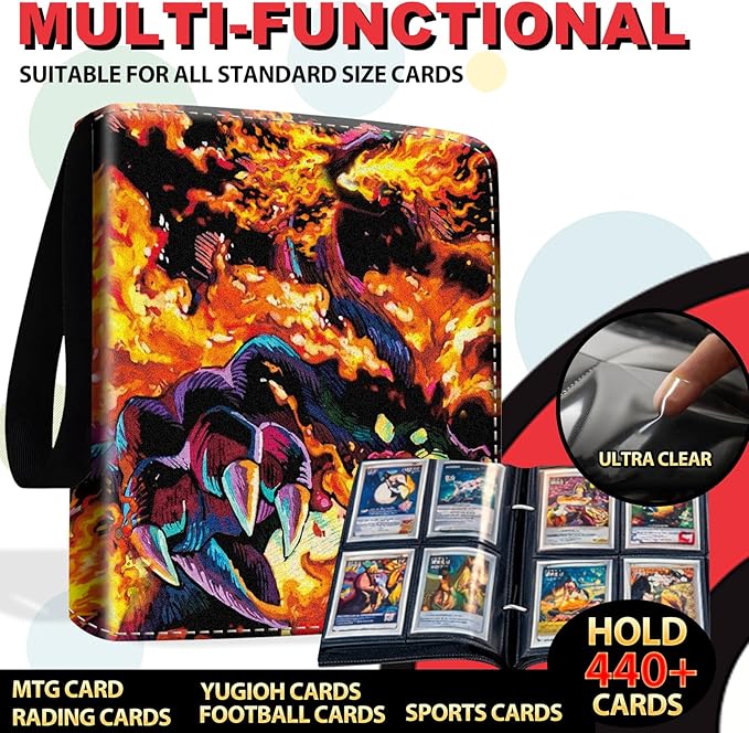 440 Card Binder 4 Pocke 3-Ring Trading Card Binder with 55 Page Removable Sleeves, High Storage Trading Card Holder Collection Card Album Carrying Organizer Case for TCG Cards-Fire Dragon