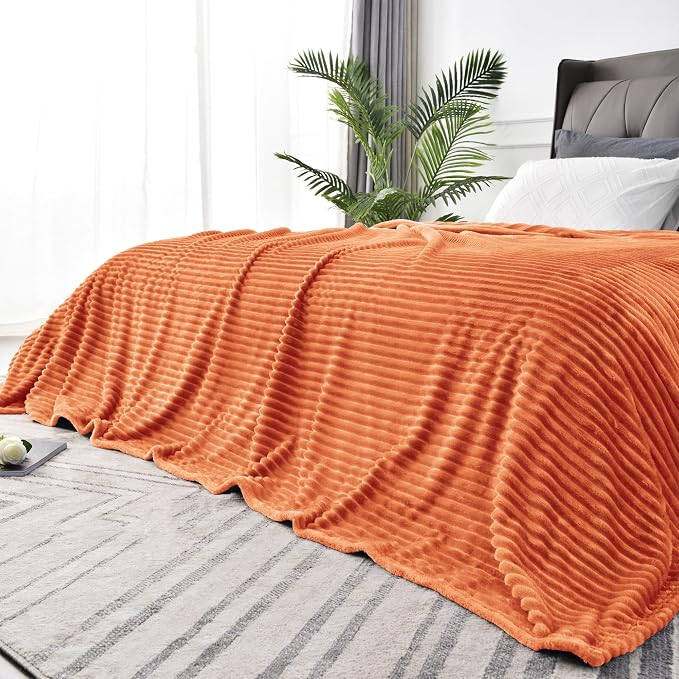 BEDELITE Ribbed Jacquard Burt Orange King Size Blanket for Bed, 108x90 Inch | Soft Warm Decorative Fluffy Blanket, Cozy Fuzzy Lightweight Plush Fleece Throw Blankets for Bed, Room Decor, Gift for Women
