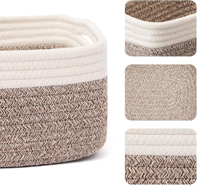 MiniArk Small Storage Baskets for Organizing | Closet Organizer Bins | Shelf Toy Basket | Woven Rope Baskets | Cube Decorative Box | Shallow Basket | 13x8.5x5.1” | 3 Packs White Brown