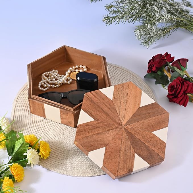 Perilla Home Hexagon Wooden Box, Brown and White, Wood and Resin, 9.54x8.07x3.15 Inch, Decorative