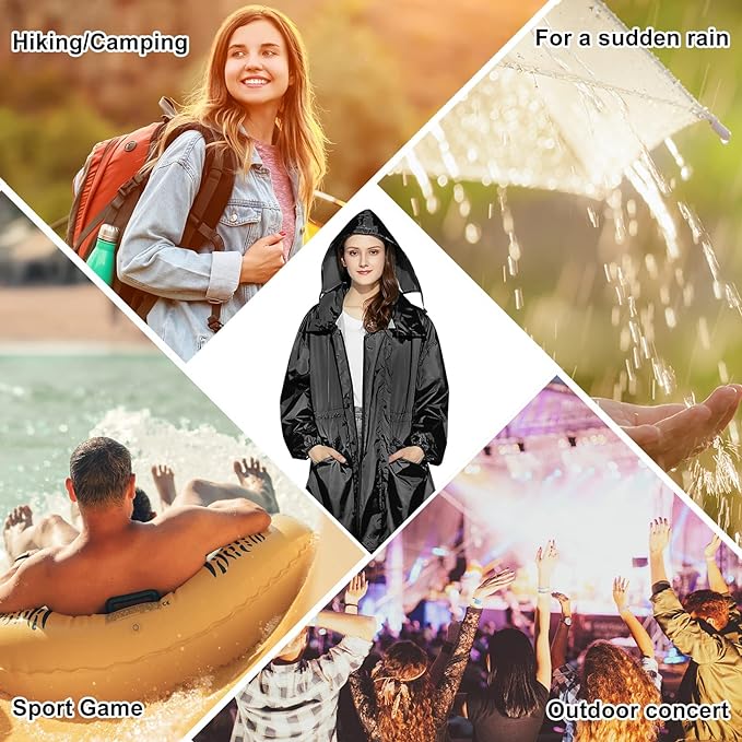 LAMA Womens Long Raincoats Rain Jacket Waterproof Packable Hooded Windbreaker Lightweight Adjustable Waist for Outdoor