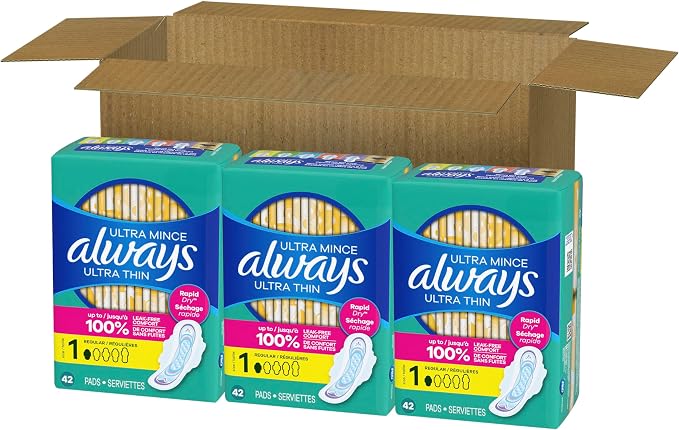 Always Ultra Thin Feminine Pads with Wings for Women, Size 1, Regular Absorbency, Unscented, Up to 100% Leak-Free Protection, 126 Count