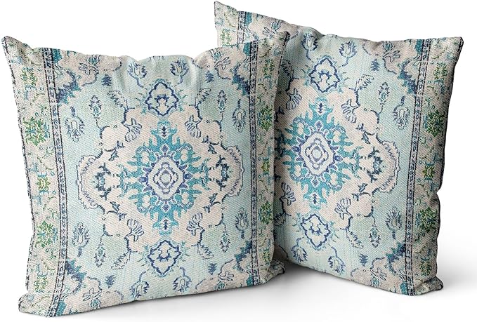 Snycler Boho Throw Pillow Covers 18x18 inch Set of 2 Teal Blue Boho Rug Carpet Double Sided Pattern Cotton Soft Pillow Case Cushion Cover Pillowcase for Couch Sofa Bed Decorative