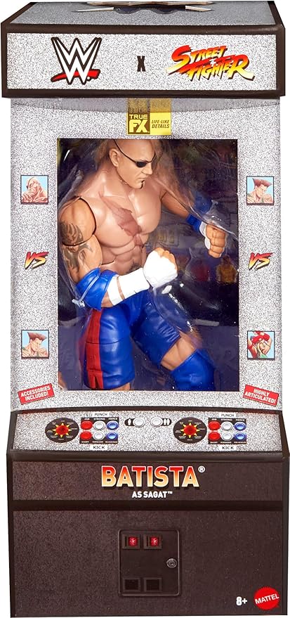 WWE Batista As Sagat x Street Fighter Cross Over Mattel Elite Action Figures & Accessories, 6-inch Toy Collectible Mashup Set JLD74