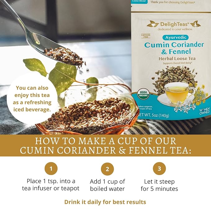 DelighTeas Organic Digest & Detox CCF Tea | Ayurvedic Cumin, Coriander, Fennel Loose Leaf Tea for Digestion, Detox Cleanse | USDA Organic, Non-GMO, Caffeine Free, Sugar Free | 60 Servings, 5 oz.