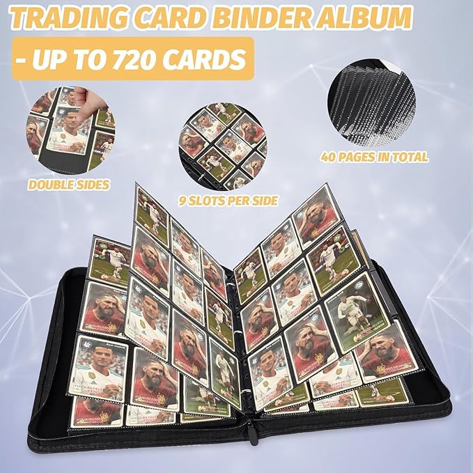 GERMUN Fireproof 9 Pocket Card Binder, Premium Zip Trading Card Binder, 720 Double Sided Pocket PU Collection Binder, Collector Album, Card Folder for MTG, TCG, Sports Cards (Black)
