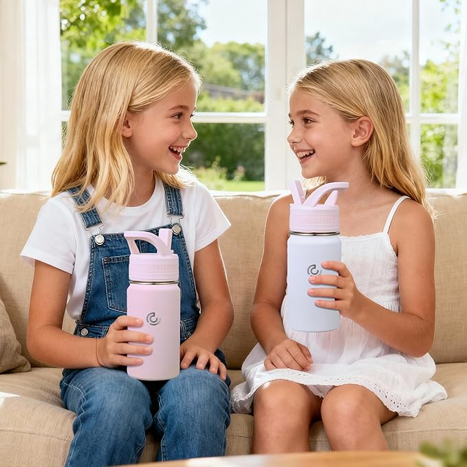 2 Pack Kids Water Bottle,14oz Stainless Steel Insulated Water Tumbler Leak-Proof,School Water Mug,Small and Portable,Suitable for Boys and Girls to Use(Pink + White)