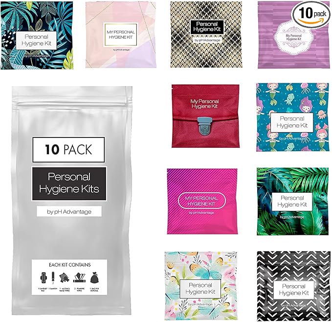 Menstrual Kit All-in-One 10 Pack - Assorted Colors | Convenience on The Go | Period Kit Pack for Travelling, Tweens & Teenager | Individually Wrapped Feminine Hygiene Product