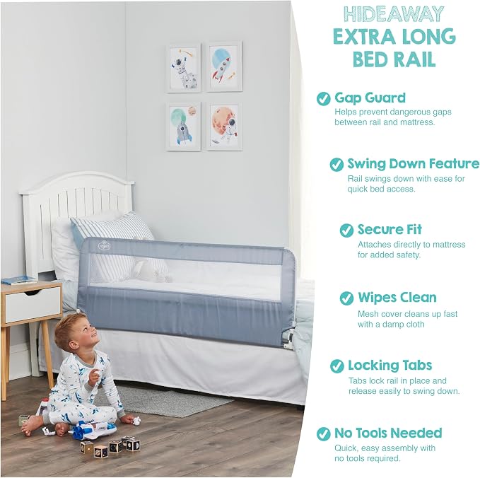 Regalo Safety 54” Extra Long Hideaway Bed Rail Guard for Toddlers, Toddler Bed Rail with Reinforced Anchor Safety System, 20” Tall Bed Safety Rail, Fits Twin, Full & Queen Beds, Gray