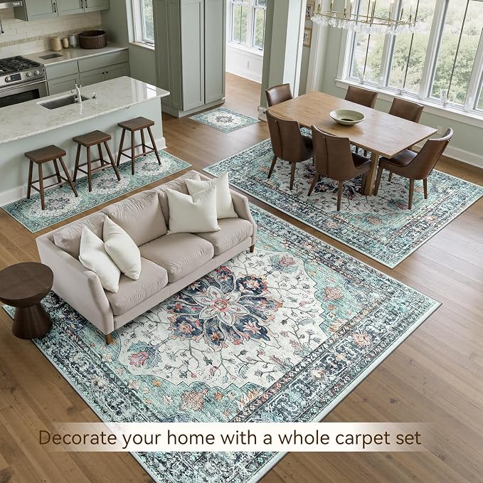 RELEANY Area Rugs Large 9'x12' Washable Non-Slip, Floral Vintage Distress Medallion Carpet for Living Room Bedroom Dining Room, Green Navy Blue White Red Teal