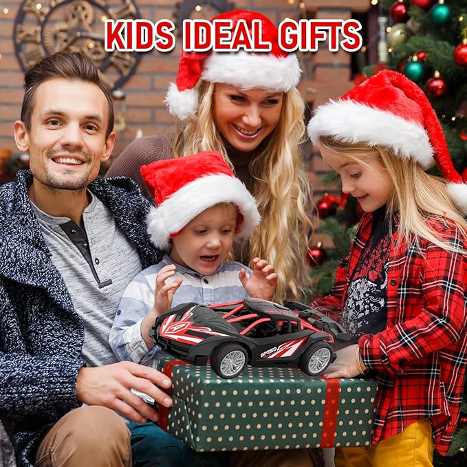 1/18 RC Car for Kids with Rechargeable Battery, LED Lights & Spray - Remote Control Car for Boys, Small RC Drift Cars for Ages 4-7 (Black & Red)