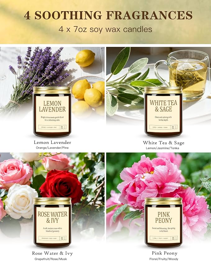 Scented Candles Gift Set, Long Lasting 4 Pack Aromatherapy Candles for Home | 28 oz 200 Hour Burn, Rose Water & Ivy, White Tea & Sage, Lemon Lavender, Pink Peony, Gifts
